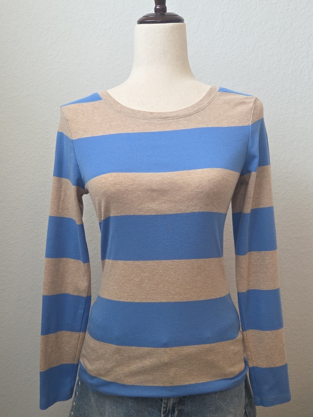 Old Navy Long-Sleeve Striped Tee — Blue and Tan "Perfect Crew" Medium Prep
